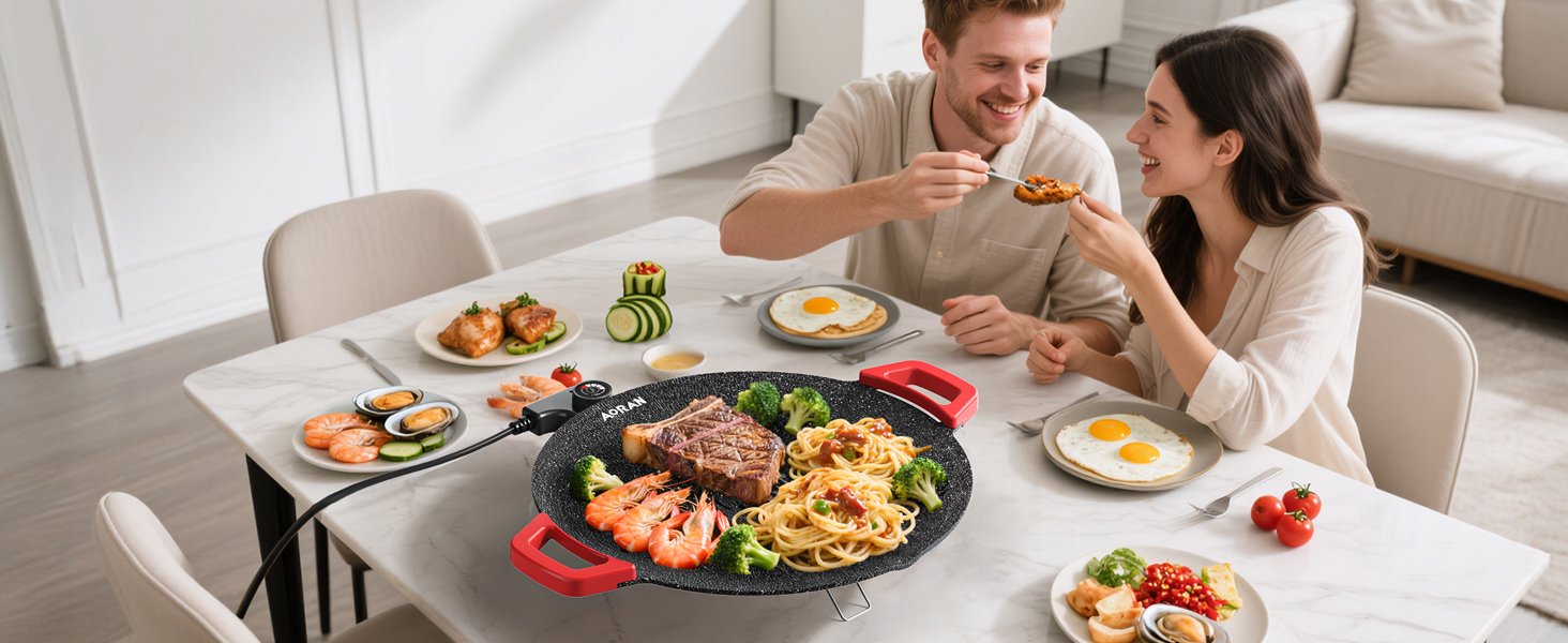 Top-down AORAN grill with chicken, shrimp, and side plates